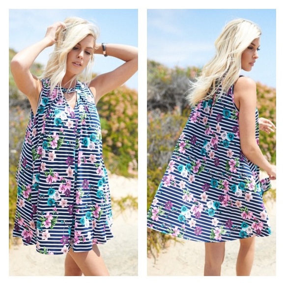 Navy Striped Floral Print Tank Dress w/ Keyhole - Picture 4 of 5