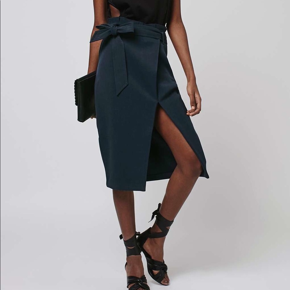 Topshop Navy Wrap Midi "Paper Bag" Skirt