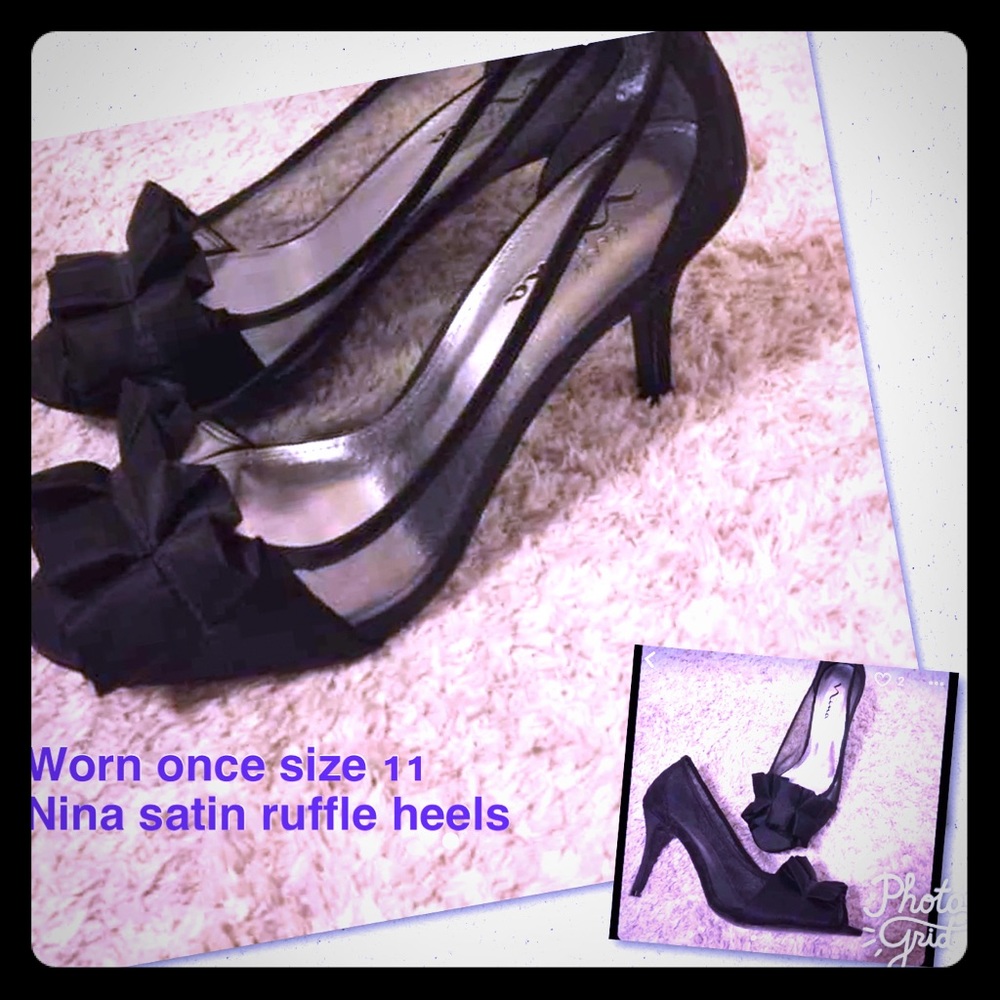 Almost new Nina black satin ruffle heels