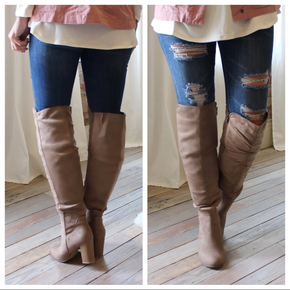 Taupe knee high vegan suede boots - Picture 2 of 4