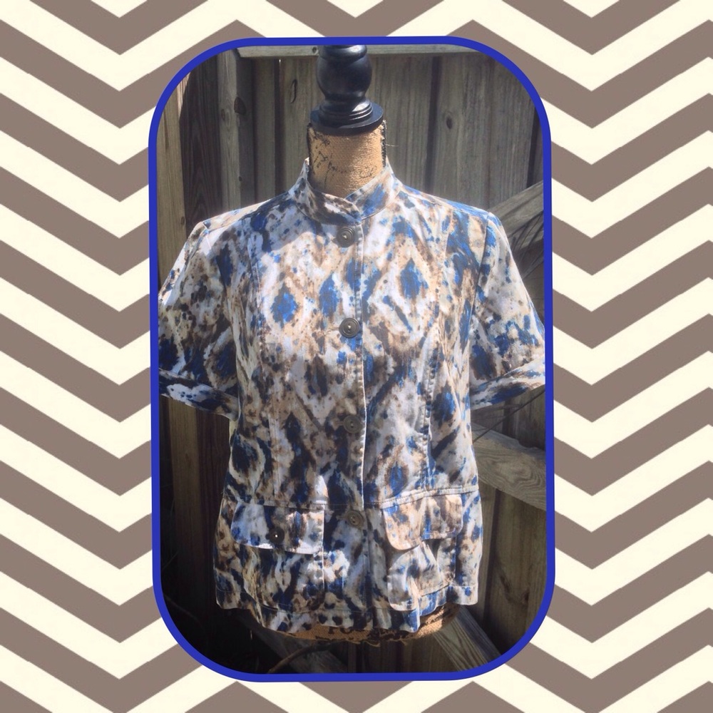Chicos Blue Brown Mandarin Collar Top 1 Medium