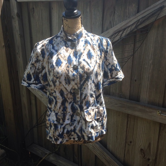 Chicos Blue Brown Mandarin Collar Top 1 Medium - Picture 2 of 5
