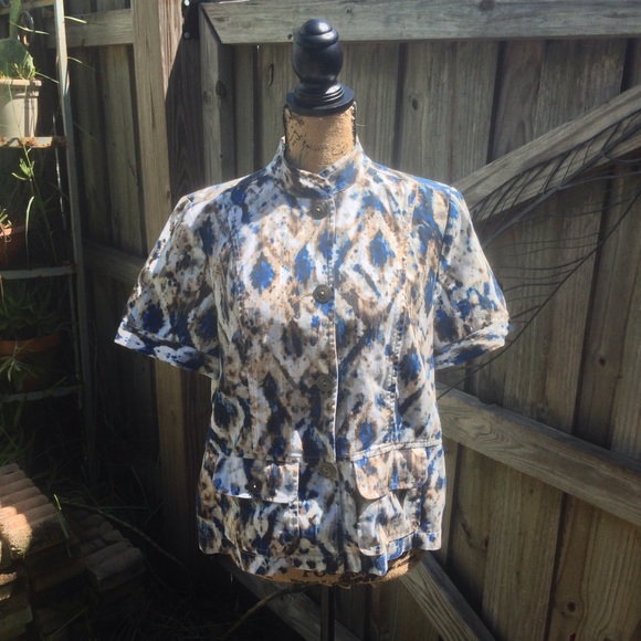 Chicos Blue Brown Mandarin Collar Top 1 Medium - Picture 3 of 5