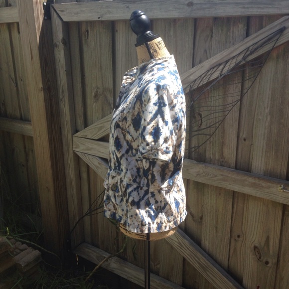 Chicos Blue Brown Mandarin Collar Top 1 Medium - Picture 4 of 5