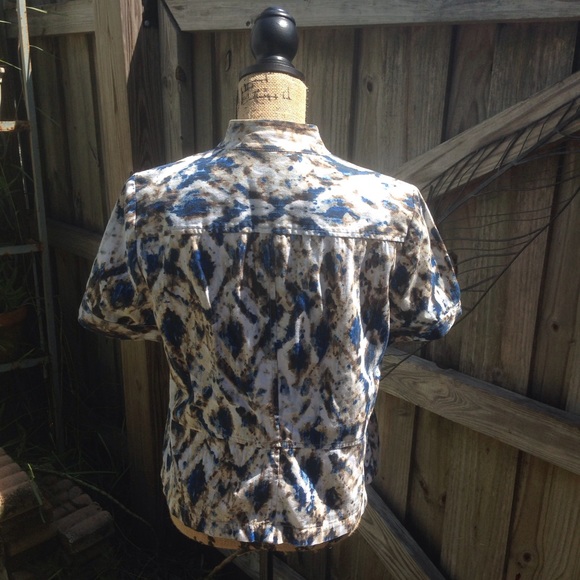 Chicos Blue Brown Mandarin Collar Top 1 Medium - Picture 5 of 5