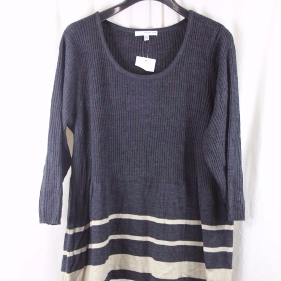 WOMENS STUDIO ONE GRAY BEIGE STRIPED 3/4 DRESS 2X - Picture 1 of 5