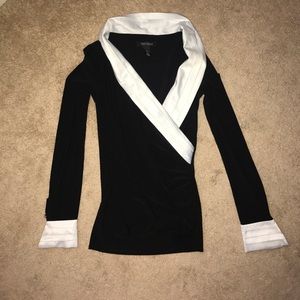 SALE! Elegant black and white deep V-neck blouse