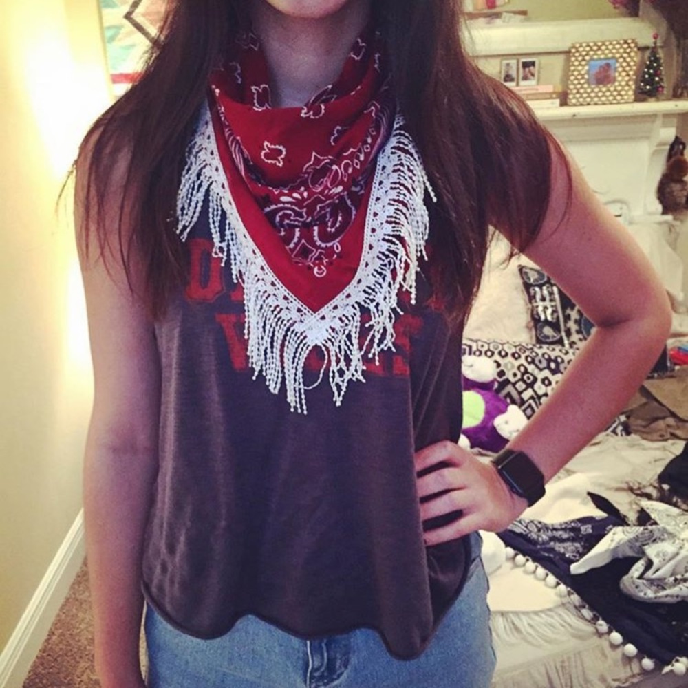 Red bandana with white fringe