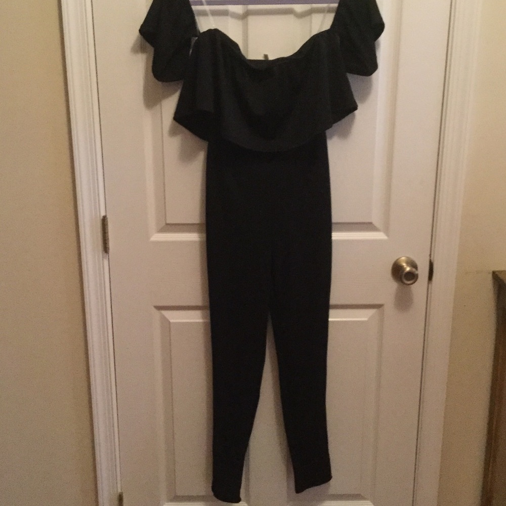 Black off the shoulder bodysuit style jumpsuit
