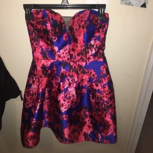 red and blue floral short prom dress