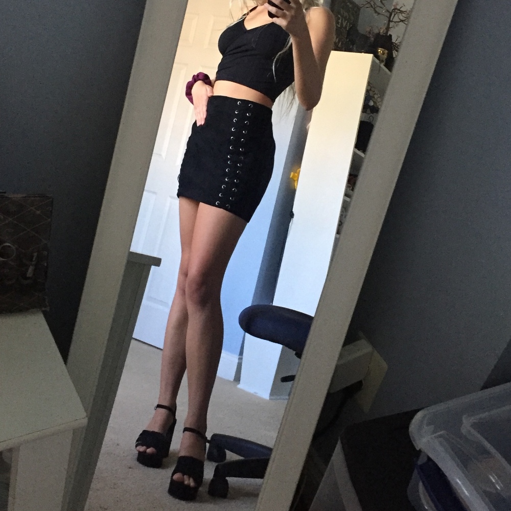 Black Suede Cross-Stitch Mini Skirt
