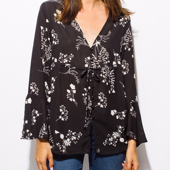 Black Floral Button Up Boho Blouse - Picture 2 of 8