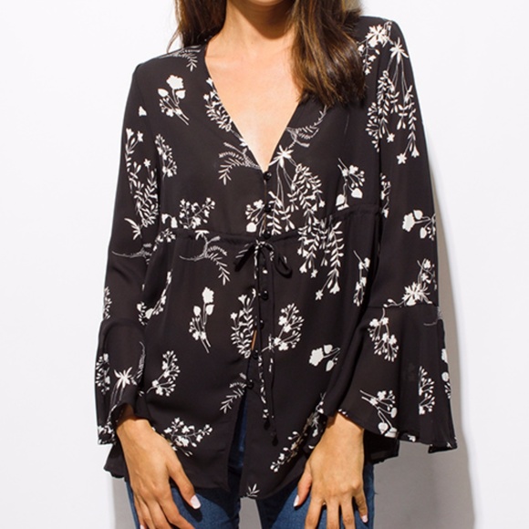 Black Floral Button Up Boho Blouse - Picture 4 of 8