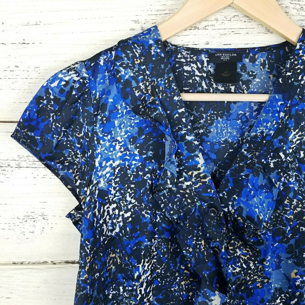 Ann Taylor Petite Blue Career Blouse Ruffle Size 4