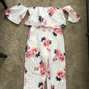 White floral off-the-shoulder jumpsuit