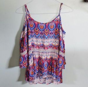 Blue Print Cold Shoulder Bell Sleeve Blouse