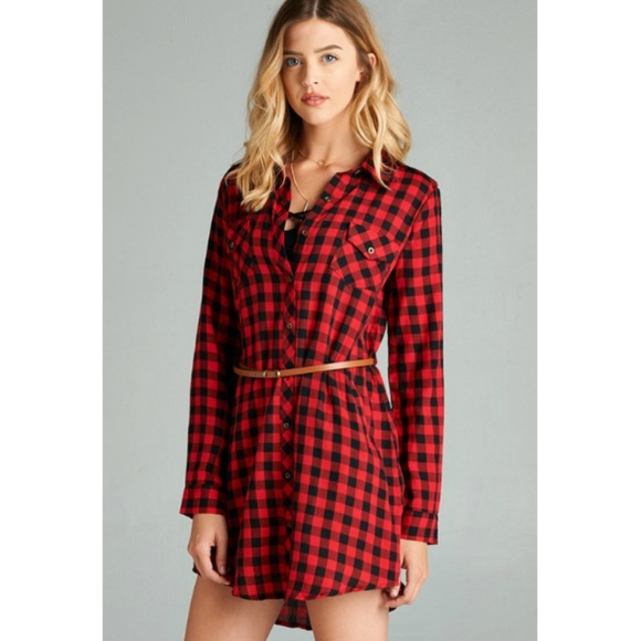 Black & Red Checkered plaid belted shirt Dress - Picture 3 of 3
