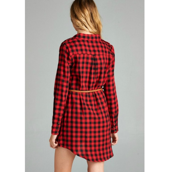 Black & Red Checkered plaid belted shirt Dress - Picture 2 of 3