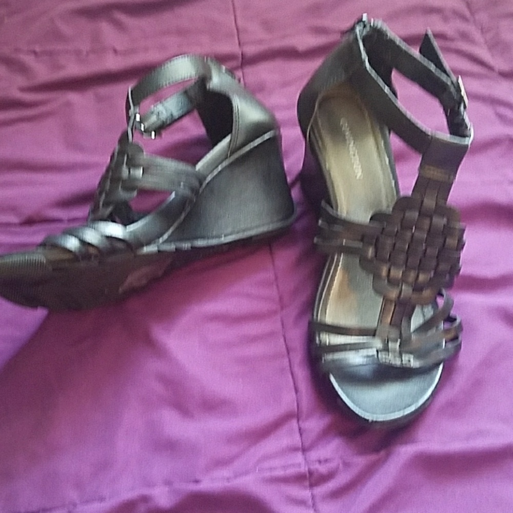 Black braided low wedge sandals