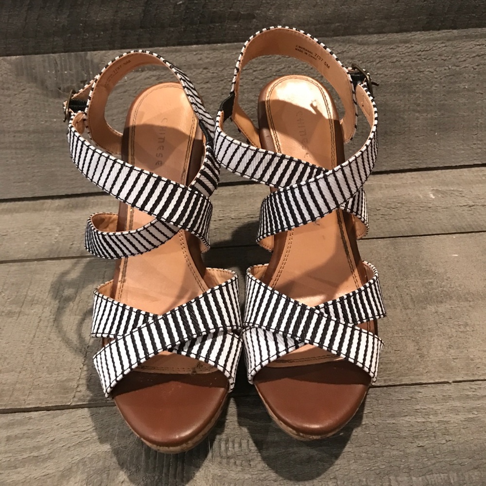 Chinese Laundry Black and White Stripes Wedges