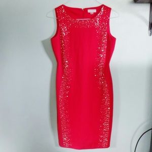 Red Calvin Klein Fitted Midi Dress w/Rhinestones