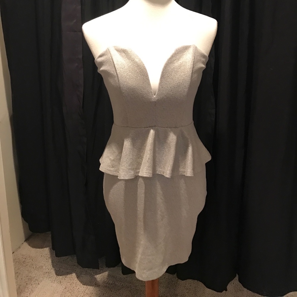 Low Plunge, Peplum, Silver cocktail dress