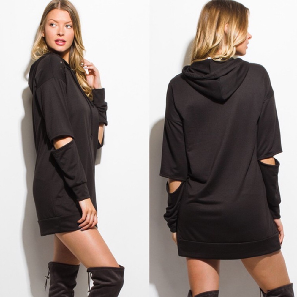 Cut out Hoodie Tunic Top/Dress - BLACK - Picture 2 of 2