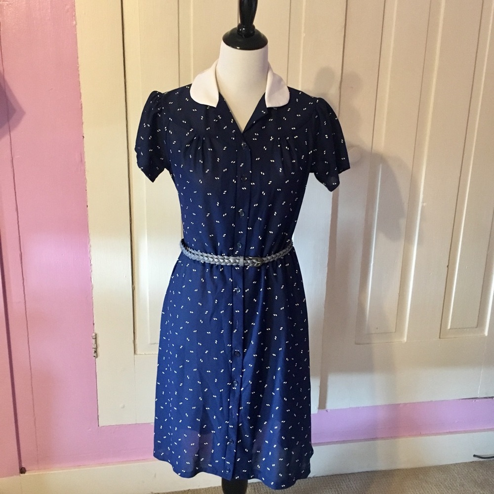 Retro Navy Button Down Dress with Peter Pan Collar