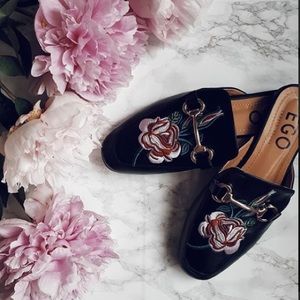Floral Embroidered Flat Mules Faux Leather