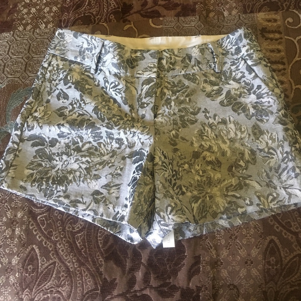 Floral metallic silver and gray shorts.