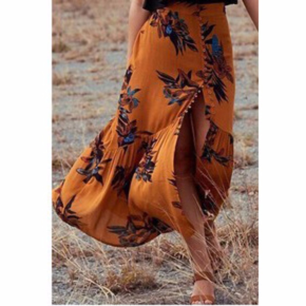 Printed Mustard Midi Skirt