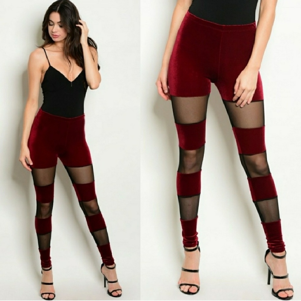 🍷Order Today🍷Wine Velvet Black Mesh Leggings