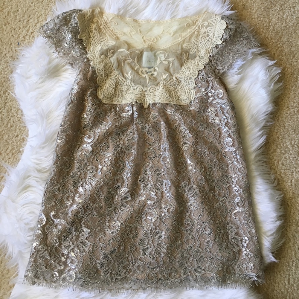 ANTHROPOLOGIE HD in Paris Silver Lace Top - Picture 1 of 8