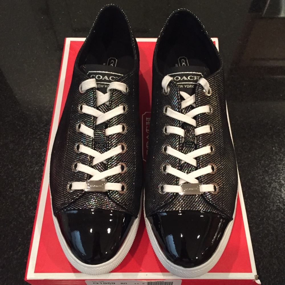 Coach Leather Black Silver Tennis Shoes Sneakers!
