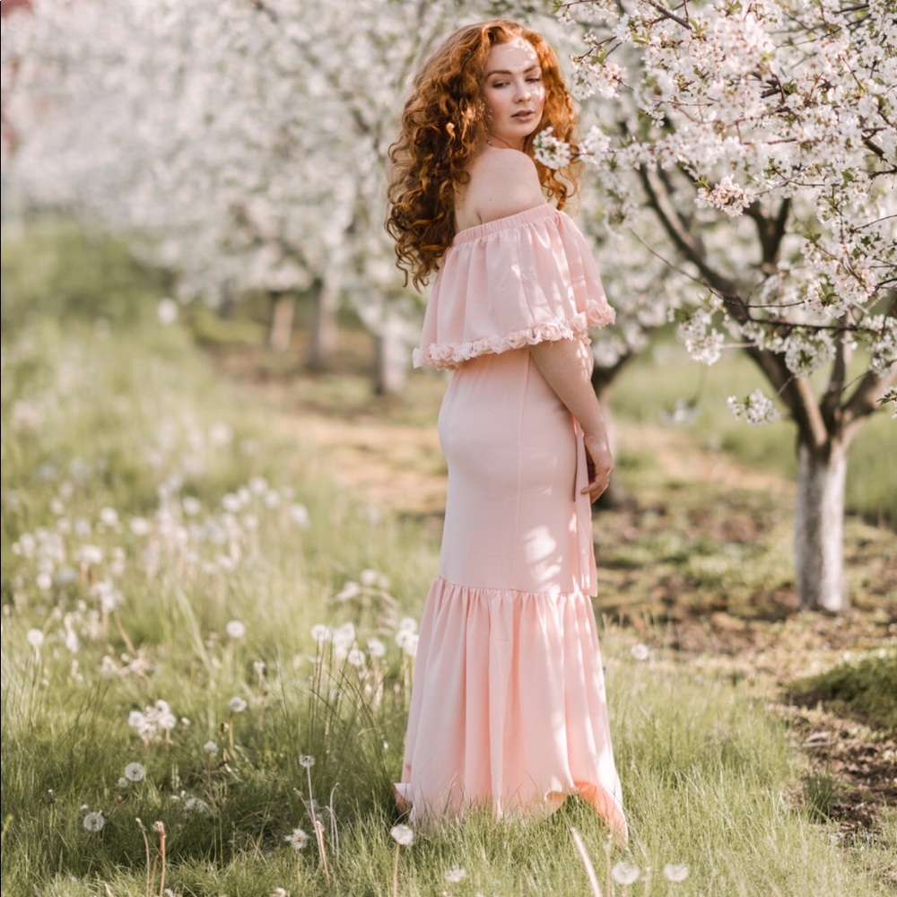 Off the shoulder maxi dress in nude pink Asos