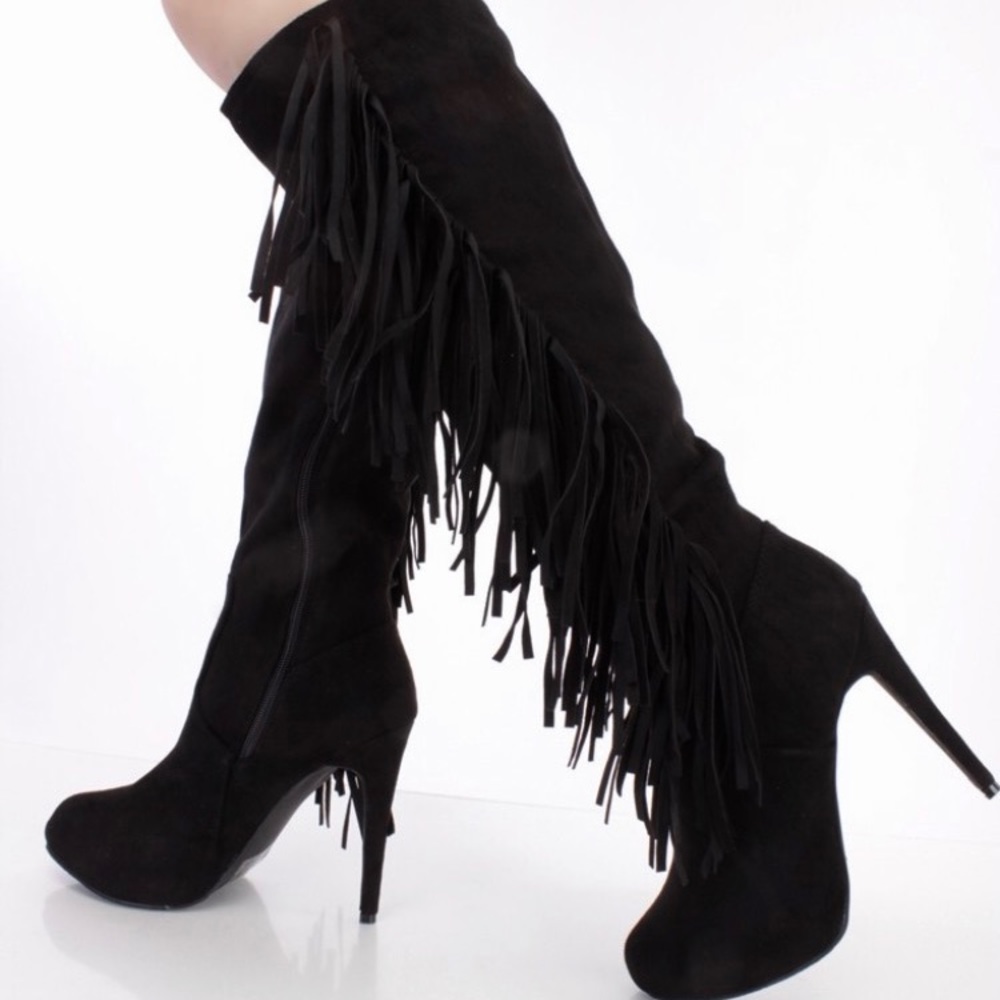 Black side fringe knee high boots