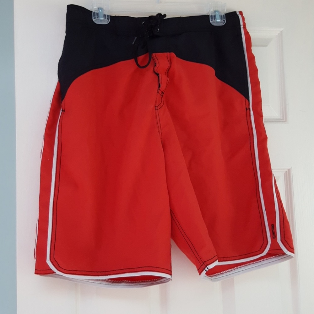 Man's bathing suit, red with black