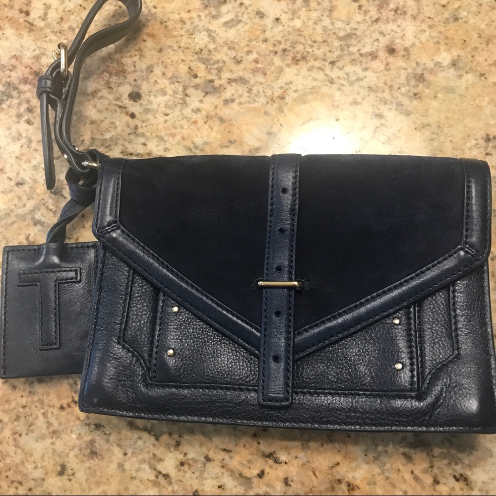 Tory Burch navy suede and leather clutch
