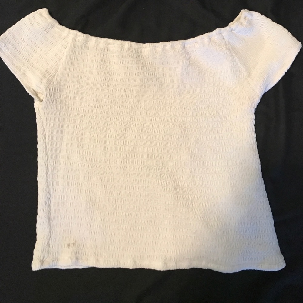 white scrunchy off the shoulder top