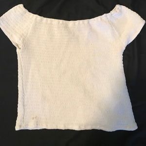 white scrunchy off the shoulder top