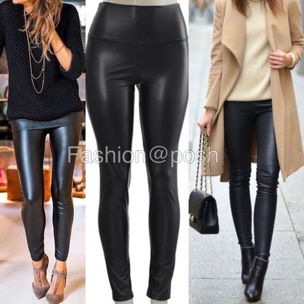 Faux Leather Leggings High Waisted Tummy Control - Picture 2 of 4