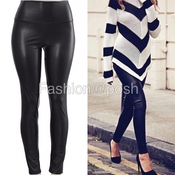 Faux Leather Leggings High Waisted Tummy Control - Picture 3 of 4