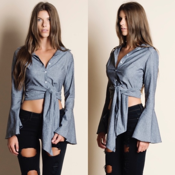 EMSLEY Bell Sleeve Button Down Top  - L. BLUE - Picture 2 of 3