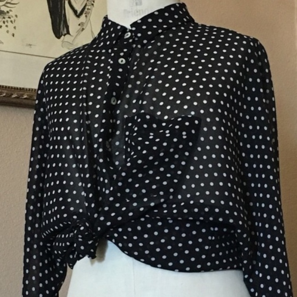 vintage sheer black dotted crepe button down shirt
