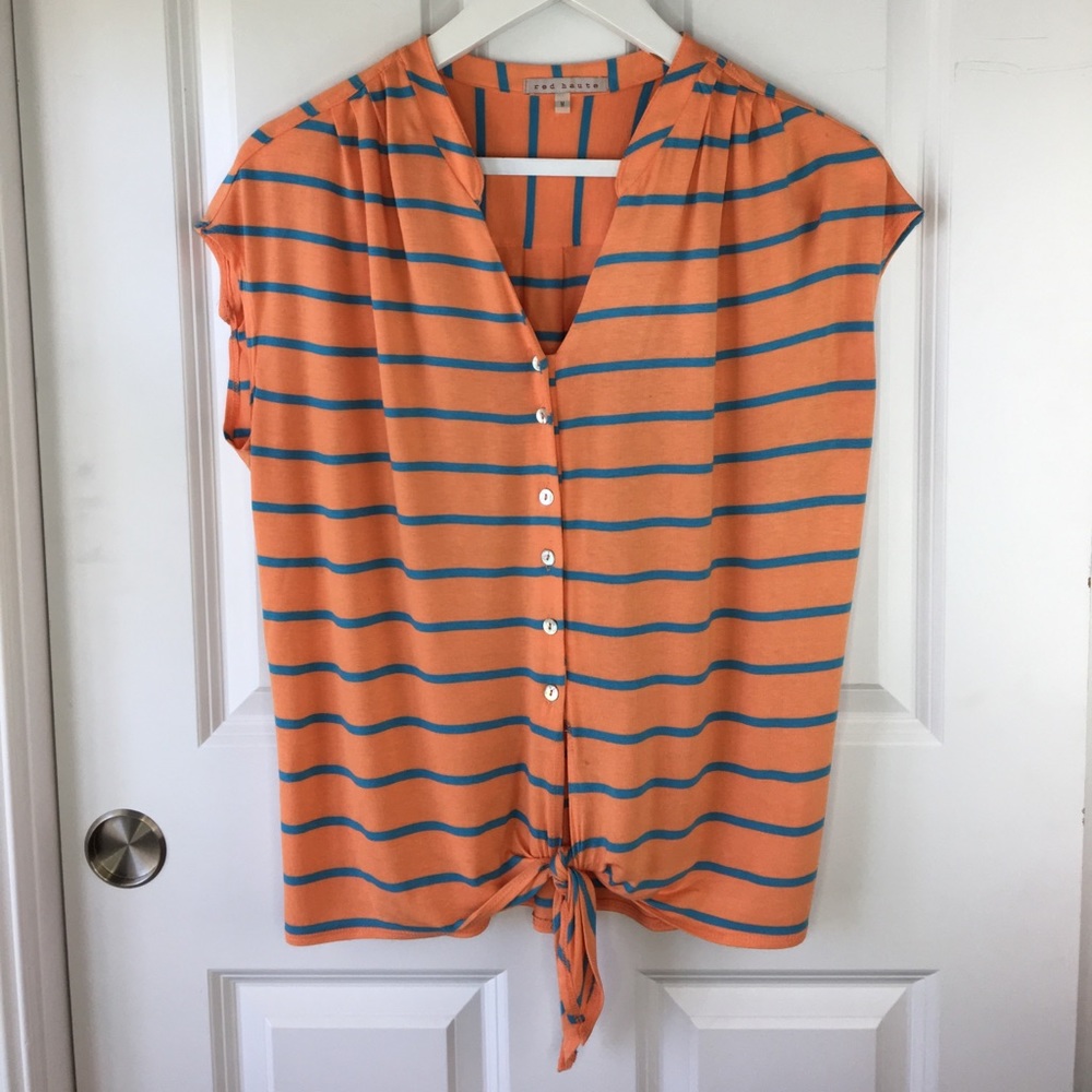Red Haute Orange & Blue Stripe Tie Front Button Down Top size M