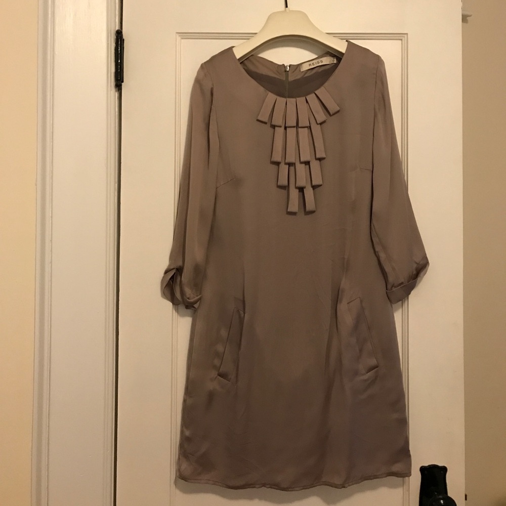 Reiss satin 3/4 sleeve dress with ruffle detail.