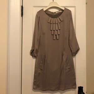 Reiss satin 3/4 sleeve dress with ruffle detail.