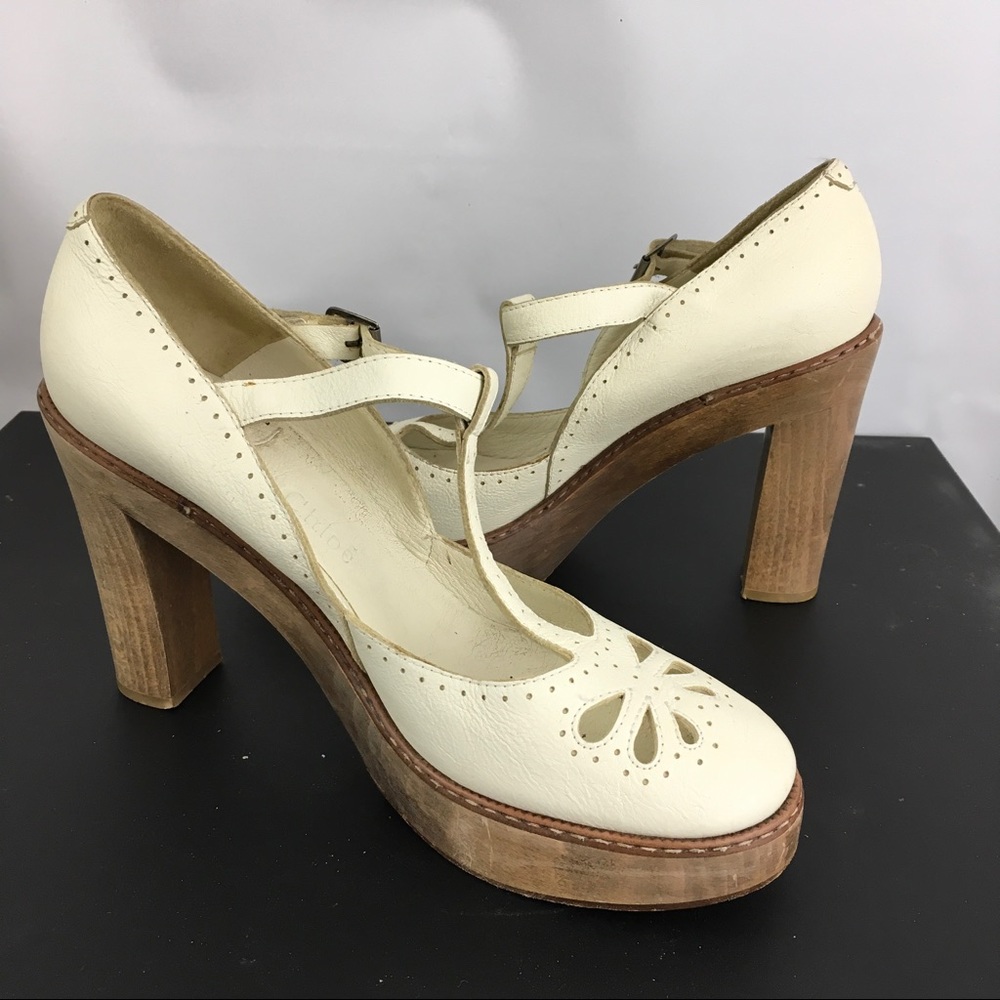 Chloe Platform T Strap Mary Jane Heels Off White