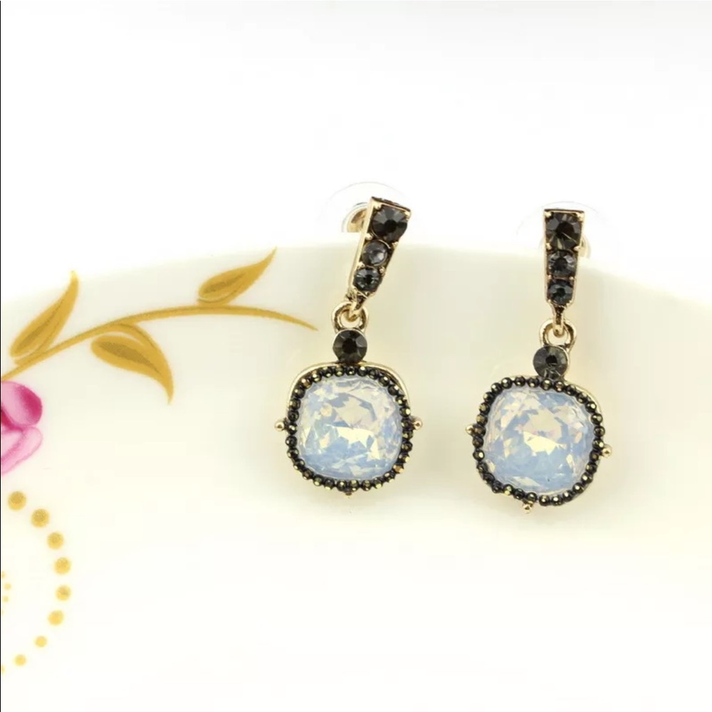 White opal crystal earrings/ antique silver plated