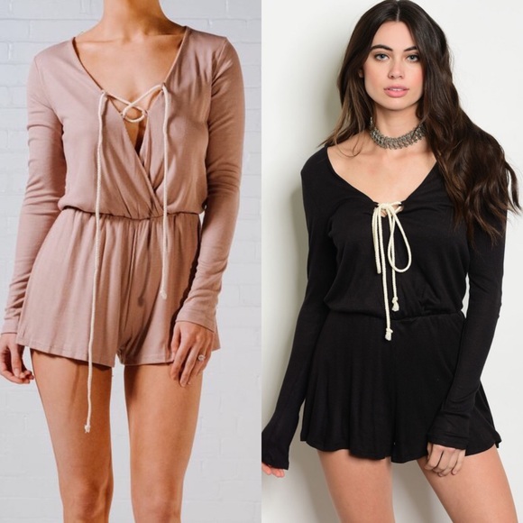 🎉CLEARANCE🎉Black Long Sleeve Lace-Up Wrap Romper - Picture 2 of 5